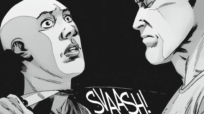 Negan takes a knife to Alpha’s throat.